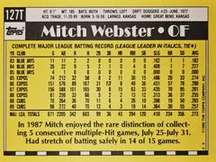 Rear | Mitch Webster Baseball Cards 1990 Topps Traded Tiffany