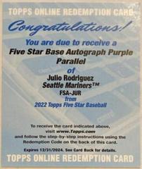 Julio Rodriguez [Purple] #FSA-JUR Baseball Cards 2022 Topps Five Star Autographs Prices