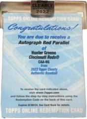 Hunter Greene [Red] #CAA-HG Baseball Cards 2022 Topps Clearly Authentic Autographs Prices