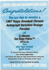 CJ Abrams [Orange] #T87CA-CA Baseball Cards 2022 Topps Update 1987 Chrome Autographs Prices
