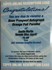 Austin Martin [Orange] #PA-AM Baseball Cards 2021 Bowman Inception Autographs Prices