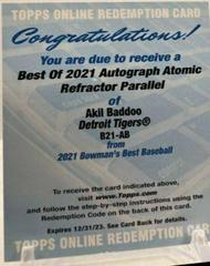 Akil Baddoo [Atomic Refractor] Baseball Cards 2021 Bowman’s Best of 2021 Autographs Prices