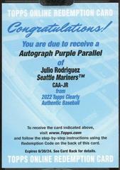 Julio Rodriguez [Purple] #CAA-JR Baseball Cards 2022 Topps Clearly Authentic Autographs Prices