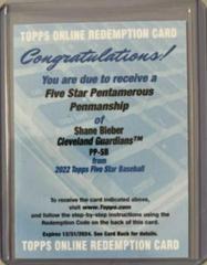 Shane Bieber #PP-SB Baseball Cards 2022 Topps Five Star Pentamerous Penmanship Autographs Prices