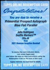 Julio Rodriguez [Blue] #PA-JRZ Baseball Cards 2021 Bowman Inception Autographs Prices