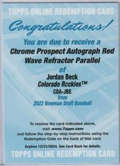 Jordan Beck [Red Wave] #CDA-JBE Baseball Cards 2022 Bowman Draft Chrome Autographs Prices