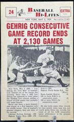 Gehrig Consecutive Game Record #24 Baseball Cards 1960 NU Card Baseball Hi Lites Prices