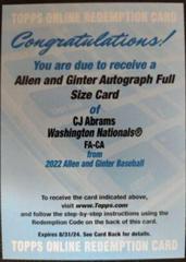 CJ Abrams #FA-CA Baseball Cards 2022 Topps Allen & Ginter Full Size Autographs Prices