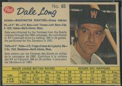 Dale Long [Hand Cut] #65 Baseball Cards 1962 Post Canadian Prices