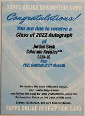 Jordan Beck Baseball Cards 2022 Bowman Draft Class of Autographs Prices