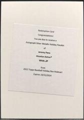 Jeremy Pena [Silver Metallic] #WHA-JP Baseball Cards 2022 Topps Holiday Autographs Prices