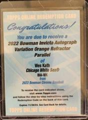 Wes Kath [Orange] #BIA-WK Baseball Cards 2022 Bowman Chrome Invicta Autographs Prices