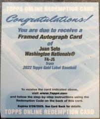 Juan Soto #FA-JS Baseball Cards 2022 Topps Gold Label Framed Autographs Prices