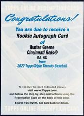Hunter Greene Baseball Cards 2022 Topps Triple Threads Rookie Autographs Prices