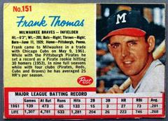 Frank Thomas [Hand Cut] #151 Baseball Cards 1962 Post Cereal Prices