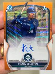 Felnin Celesten [Orange Wave] Baseball Cards 2023 Bowman Chrome Prospect Autographs Prices