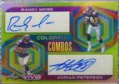 Randy Moss, Adrian Peterson [Prismatic Yellow] #CC-40 Football Cards 2023 Leaf Vivid Autographs Colorful Combos Prices