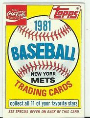 Mets Header Baseball Cards 1981 Coca Cola Prices