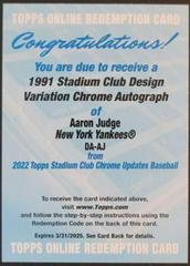 Aaron Judge Baseball Cards 2022 Stadium Club Chrome 1991 Design Variation Autographs Prices