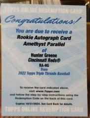 Hunter Greene [Amethyst] #RA-HG Baseball Cards 2022 Topps Triple Threads Rookie Autographs Prices