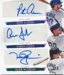 Pete Alonso, Aaron Judge, Mark McGwire [Holo Silver] #PT-PAM Baseball Cards 2022 Panini National Treasures Prime Trios Autographs Prices