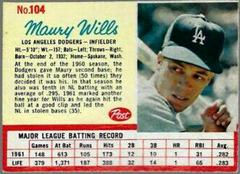Maury Wills [Hand Cut] Baseball Cards 1962 Post Cereal Prices
