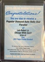 Luis Robert [Red] #DPAR-LR Baseball Cards 2023 Topps Pristine Popular Demand Autograph Relic Prices