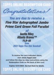 Austin Riley [Green] Baseball Cards 2022 Topps Five Star Autograph Jumbo Prime Prices