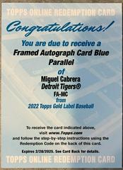 Miguel Cabrera #FA-MC Baseball Cards 2022 Topps Gold Label Framed Autographs Prices