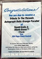 Ronald Acuna Jr. [Orange] #TTTA-RA Baseball Cards 2024 Topps Tribute Threads Autograph Relic Prices
