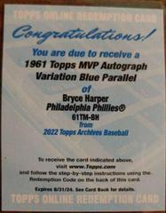 Bryce Harper [Blue] #61TM-BH Baseball Cards 2022 Topps Archives 1961 MVP Autographs Prices