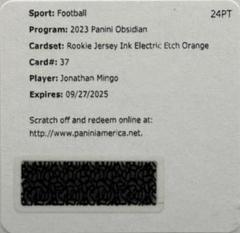 Jonathan Mingo [Orange Electric Etch] #37 Football Cards 2023 Panini Obsidian Rookie Jersey Ink Prices