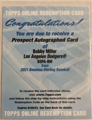 Bobby Miller #BSPA-BM Prices | 2021 Bowman Sterling Prospect Autographs ...