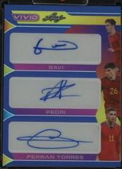 Gavi , Pedri , Ferran Torres [Navy Blue] #TA-25 Soccer Cards 2022 Leaf Vivid Triple Autographs Prices