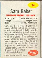 Sam Baker [Hand Cut] #74 Football Cards 1962 Post Cereal Prices