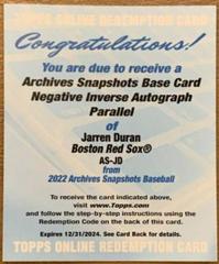 Jarren Duran [Negative Inverse] #AS-JD Baseball Cards 2022 Topps Archives Snapshots Autographs Prices