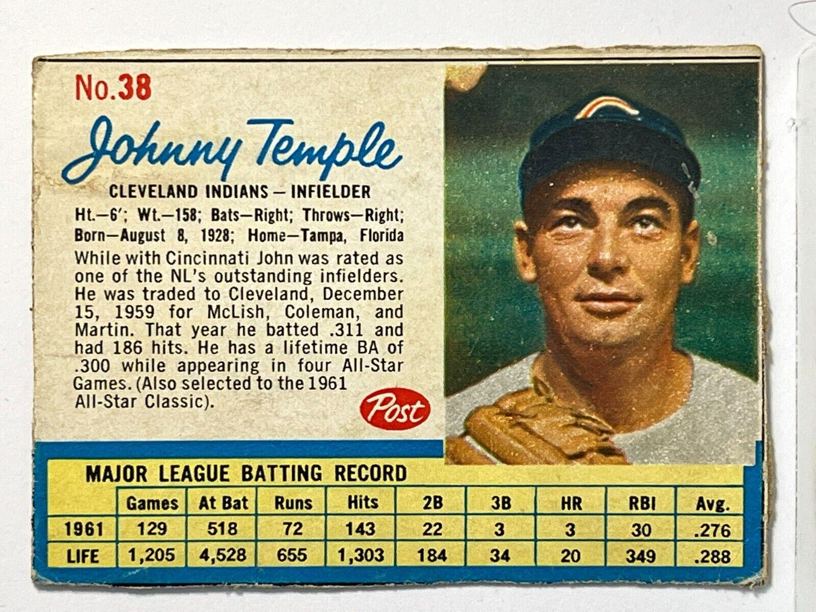 Johnny Temple [Hand Cut] #38 Prices | 1962 Post Cereal | Baseball Cards