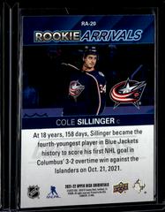 Cole Sillinger #RA-20 Hockey Cards 2021 Upper Deck Credentials Rookie Arrivals Prices