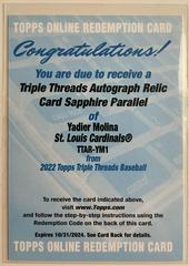 Yadier Molina [Sapphire] Baseball Cards 2022 Topps Triple Threads Autograph Relic Prices
