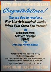 Aroldis Chapman [Green] Baseball Cards 2022 Topps Five Star Autograph Jumbo Prime Prices