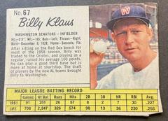Billy Klaus [Hand Cut] #67 Baseball Cards 1962 Jell O Prices