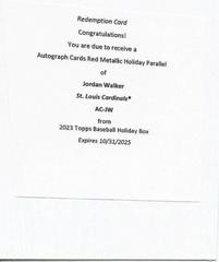 Jordan Walker [Red] #HAC-JWA Baseball Cards 2023 Topps Holiday Autographs Prices