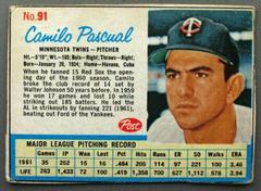 Camilo Pascual [Hand Cut] #91 Baseball Cards 1962 Post Cereal Prices