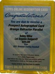 Bobby Miller [Orange Refractor] #BSPA-BM Baseball Cards 2021 Bowman Sterling Prospect Autographs Prices