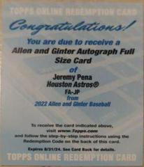 Jeremy Pena #FA-JP Baseball Cards 2022 Topps Allen & Ginter Full Size Autographs Prices