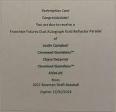 Justin Campbell, Chase DeLauter [Gold] Baseball Cards 2022 Bowman Draft Franchise Futures Dual Autographs Prices