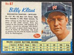 Billy Klaus [Hand Cut] #67 Baseball Cards 1962 Post Cereal Prices