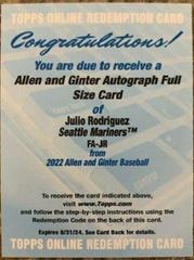 Julio Rodriguez Baseball Cards 2022 Topps Allen & Ginter Full Size Autographs Prices