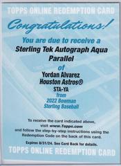 Yordan Alvarez [Aqua] #STA-YA Baseball Cards 2022 Bowman Sterling Tek Autographs Prices