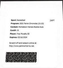 Trey Murphy III Basketball Cards 2021 Panini Chronicles Hometown Heroes Rookie Autographs Prices